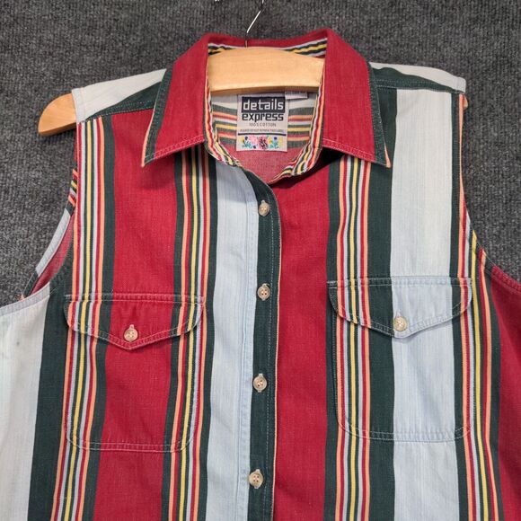 Details Express Mens Button Up Vest Multi-Striped Large Sleeveless Cotton - Picture 3 of 11